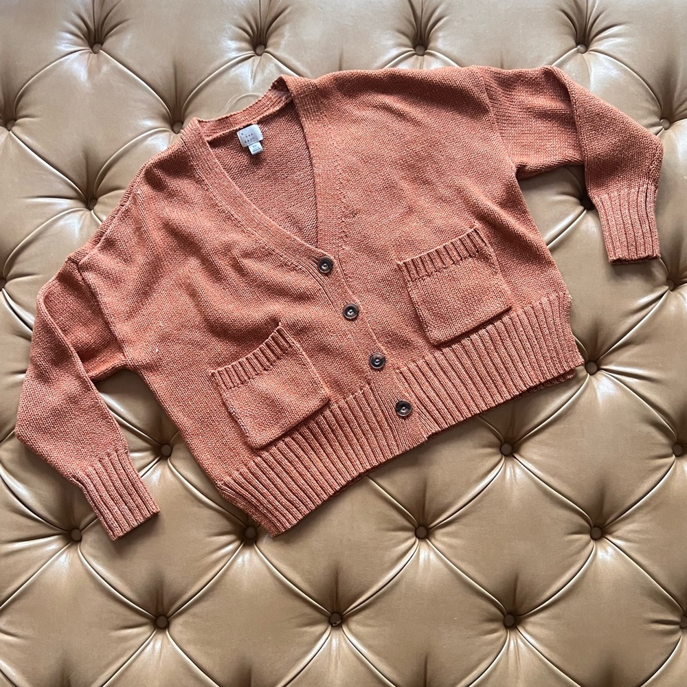 Crop Boxy Cardigan “A New Day”, Rust Color, Size: XS